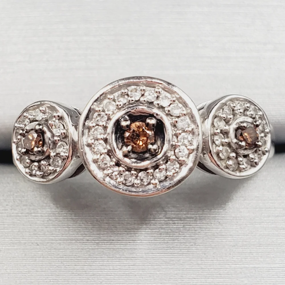 10k Solid White Gold Genuine Chocolate Brown & White Diamond Triple Halo Ring